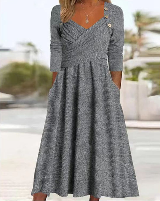 Damen nan legeres Strick-Maxikleid mit Wickeloberteil V-Ausschnitt Eingrifftaschen und Zierknopfleiste R&B