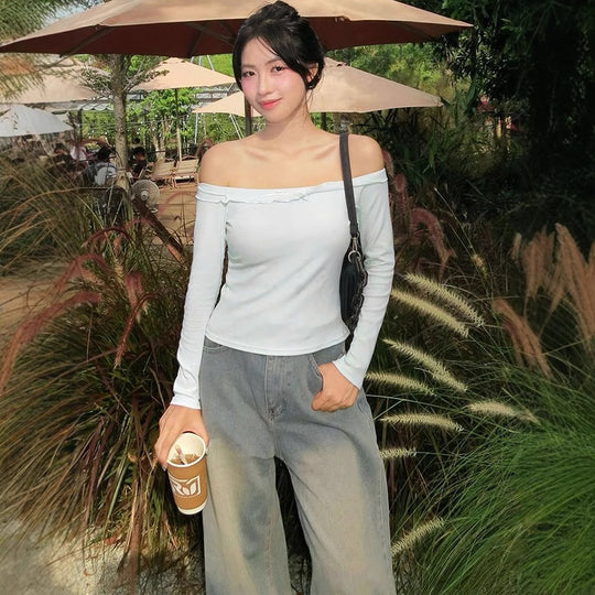 Damen Off-Shoulder Langarmoberteil mit zartem Rüschenbesatz R&B
