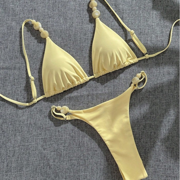 Damen Triangel-Bikini mit dekorativen Perlenakzenten und feinem Minimaldesign R&B