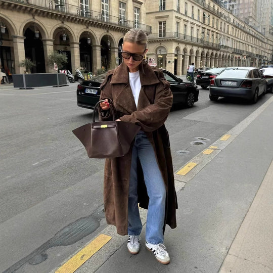 Damen modische Trenchjacke mit tailliertem Schnitt und abnehmbarem Gürtel R&B