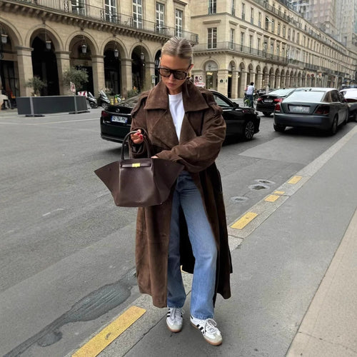Damen modische Trenchjacke mit tailliertem Schnitt und abnehmbarem Gürtel R&B