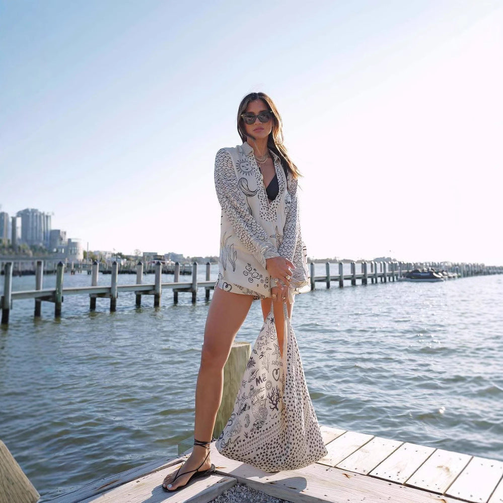 Damen Strandbluse mit künstlerischem Grafikedruck und leichten Ärmel R&B