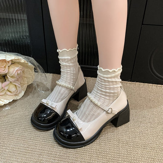 Damen elegante Mary Jane Pumps mit Perlenschmuck R&B