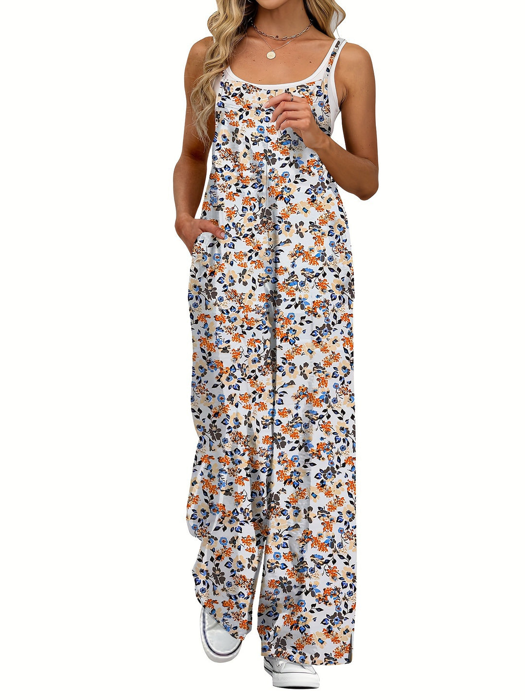 Damen Lässiger Jumpsuit mit floralen Mustern und praktischen Taschen R&B