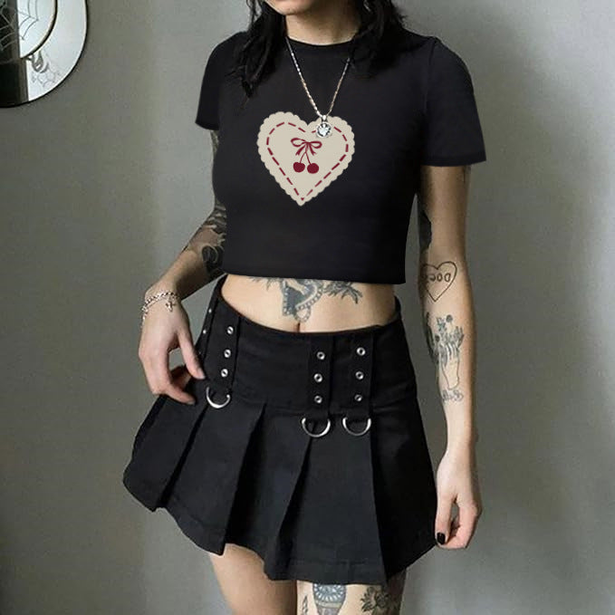 Damen Crop-T-Shirt mit verspieltem Kirschmotiv und elegantem Schleifenprint R&B