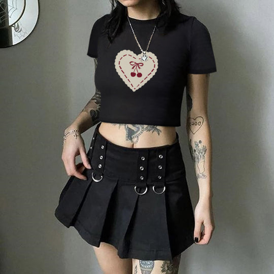 Damen Crop-T-Shirt mit verspieltem Kirschmotiv und elegantem Schleifenprint R&B