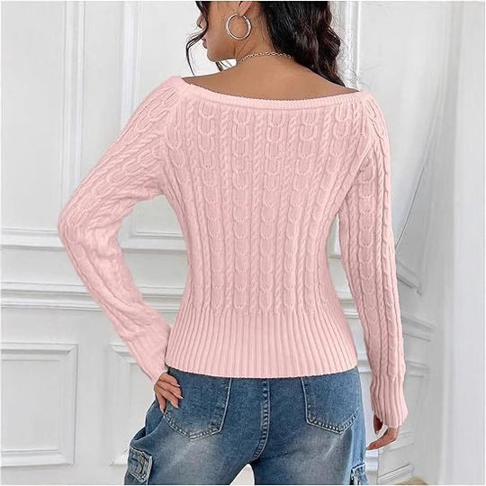 Damen Grobstrick Pullover mit offener Schulterpartie und Zopfmuster R&B