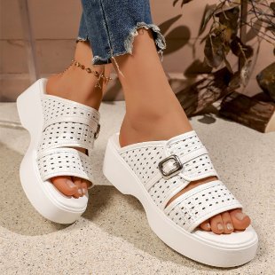 Damen Keil-Pantoletten mit dekorativem Riemendesign und komfortablem Fußbett R&B
