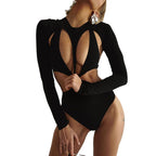 Damen Cut-Out Badeanzug mit langen Ärmeln und hohem Ausschnitt R&B