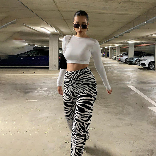 Damen Elegante Zebra-Print High-Waist Hose R&B