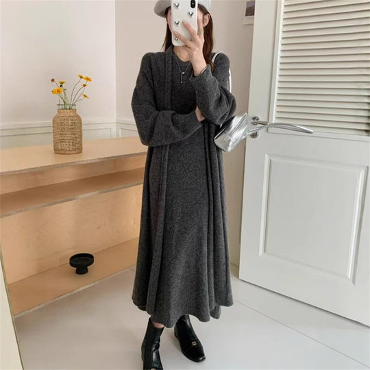 Damen Maxi-Strickkleid mit legerem Schnitt und langem Ärmel R&B