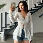 Damen Rüschenbluse aus feiner Spitze mit Knopfdetails R&B
