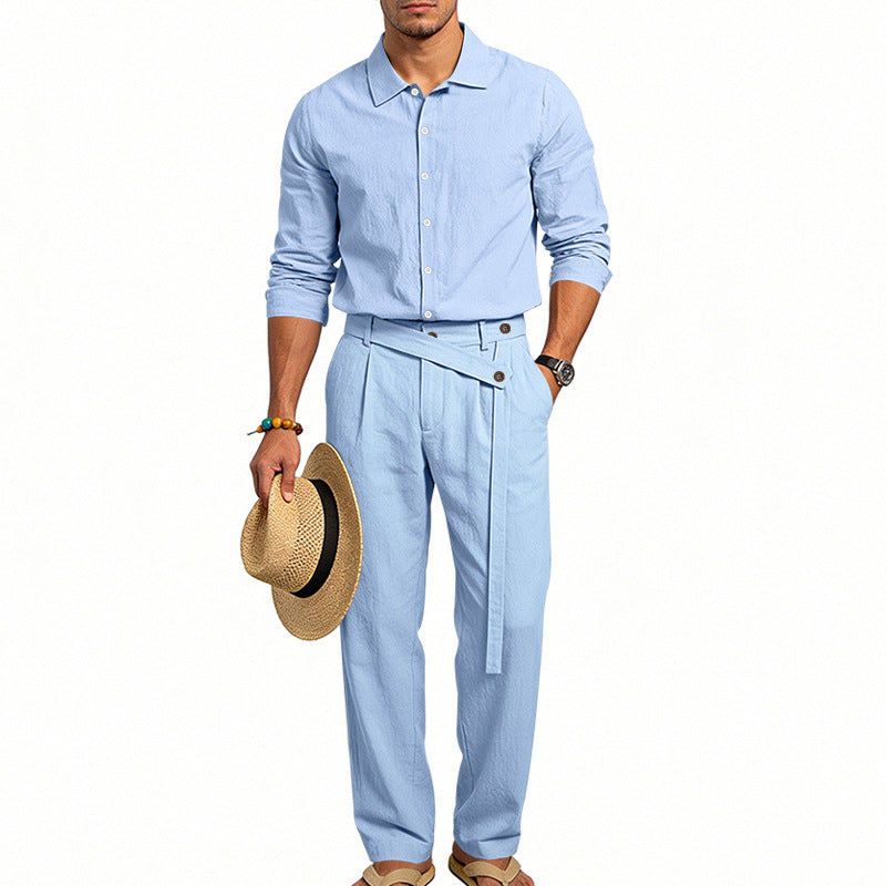 Herren nan eleganter Leinen-Zweiteiler mit Hemd und Hose mit hohem Bund und Bindegürtel R&B