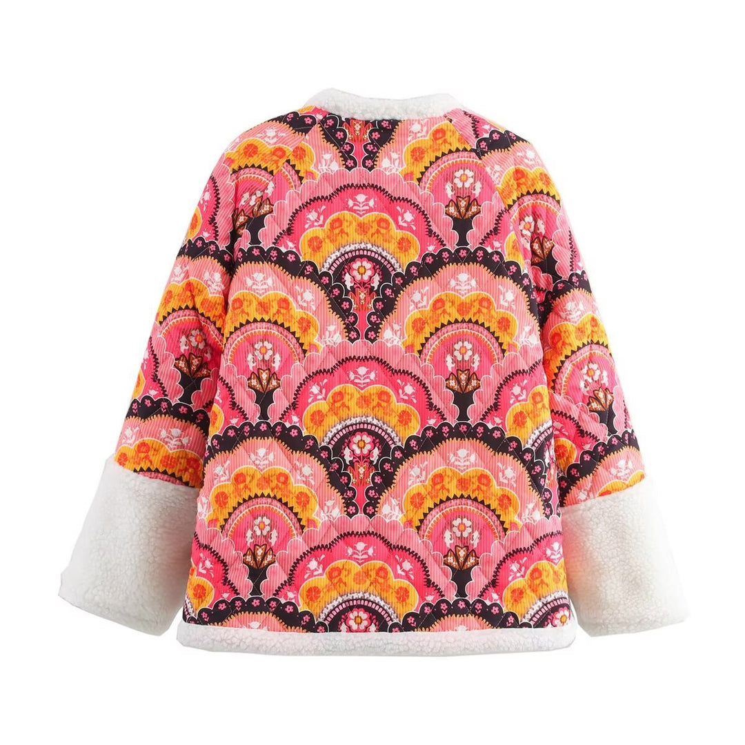 Damen gesteppte Überwurfjacke mit buntem Muster und flauschigem Innenfutter R&B