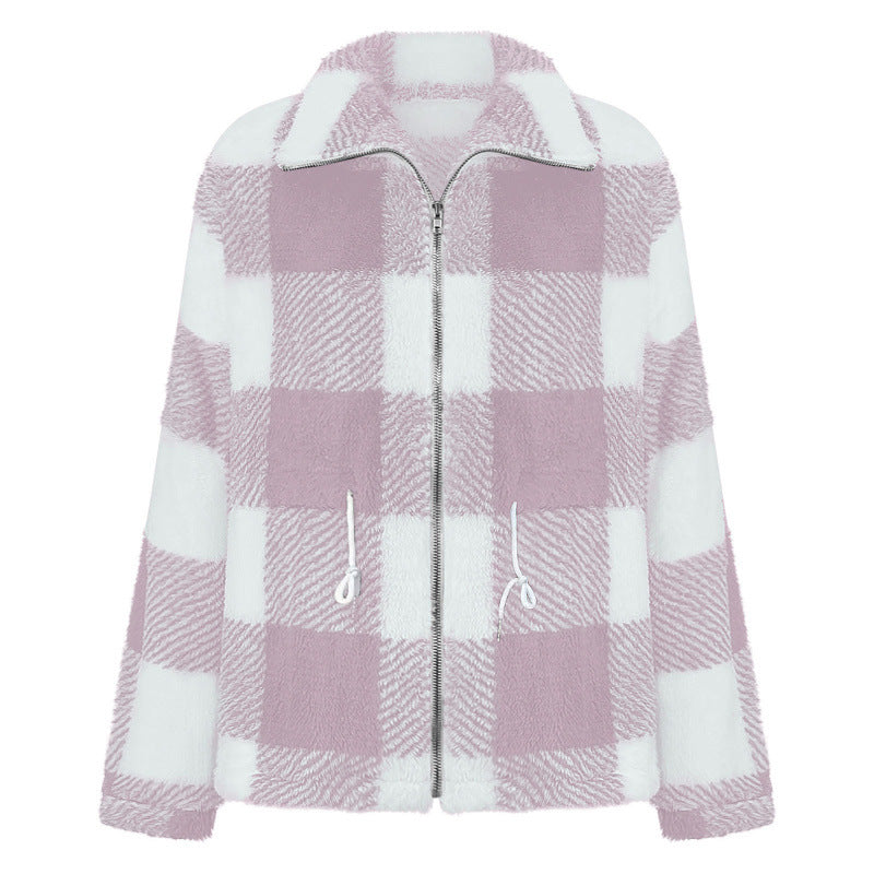 Damen kuschelige Oversize-Jacke mit kariertem Muster R&B