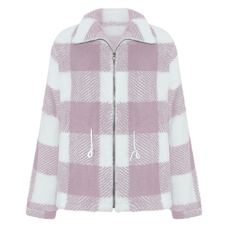 Damen kuschelige Oversize-Jacke mit kariertem Muster R&B