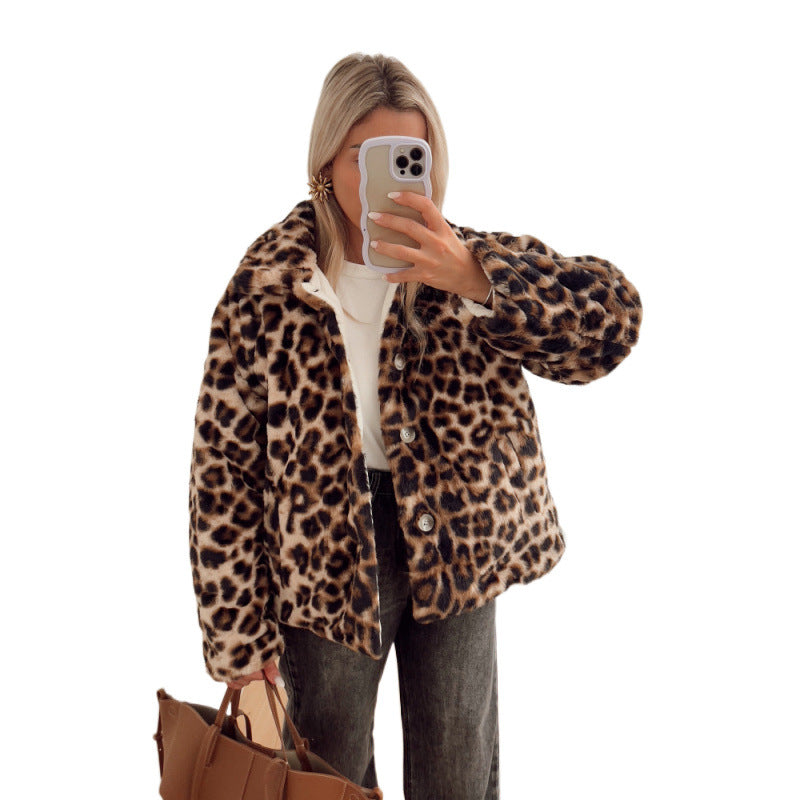 Damen Kunstfelljacke mit modischem Leopardenmuster und komfortablem Schnitt R&B