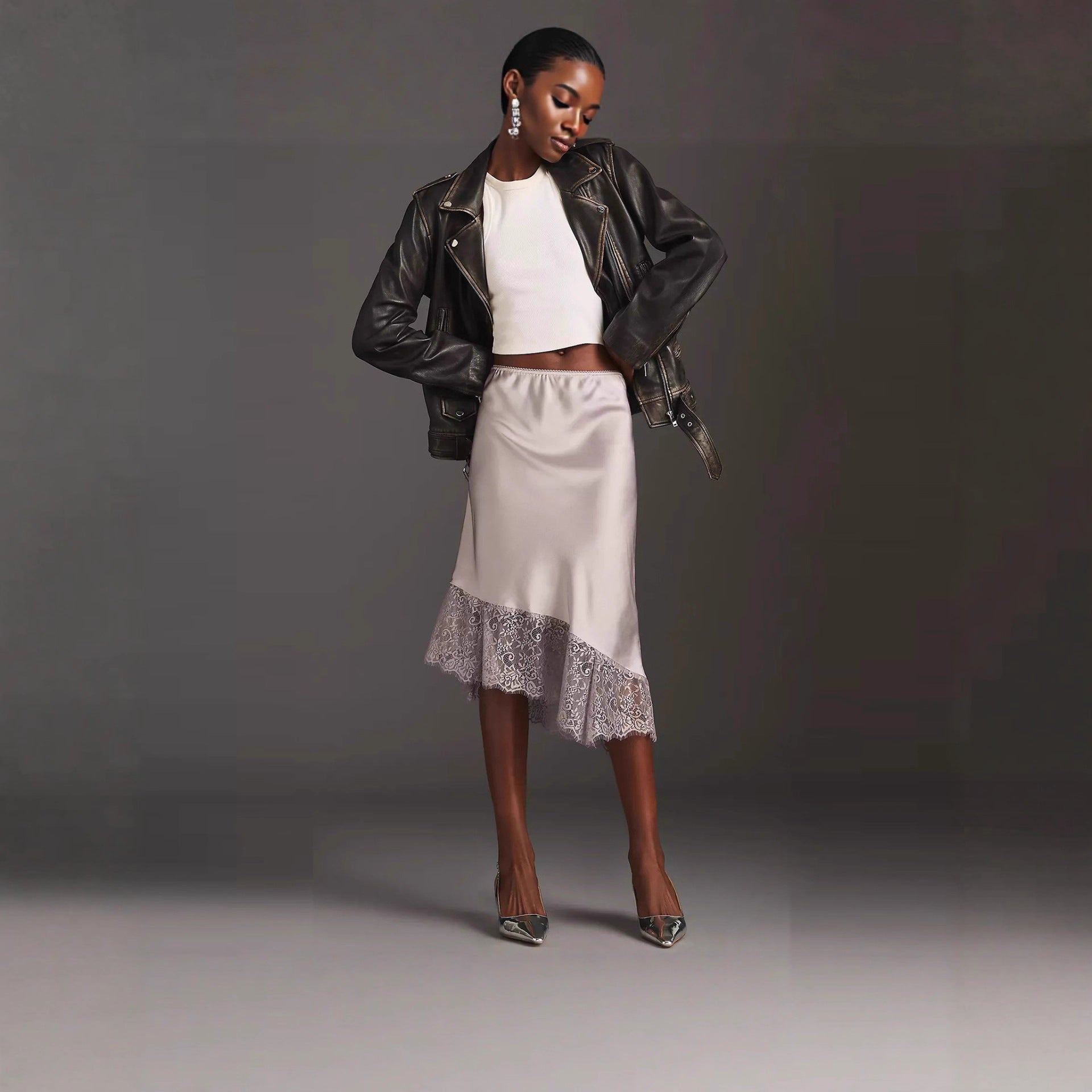 Damen Satinrock mit Spitze und asymmetrischem Saum R&B