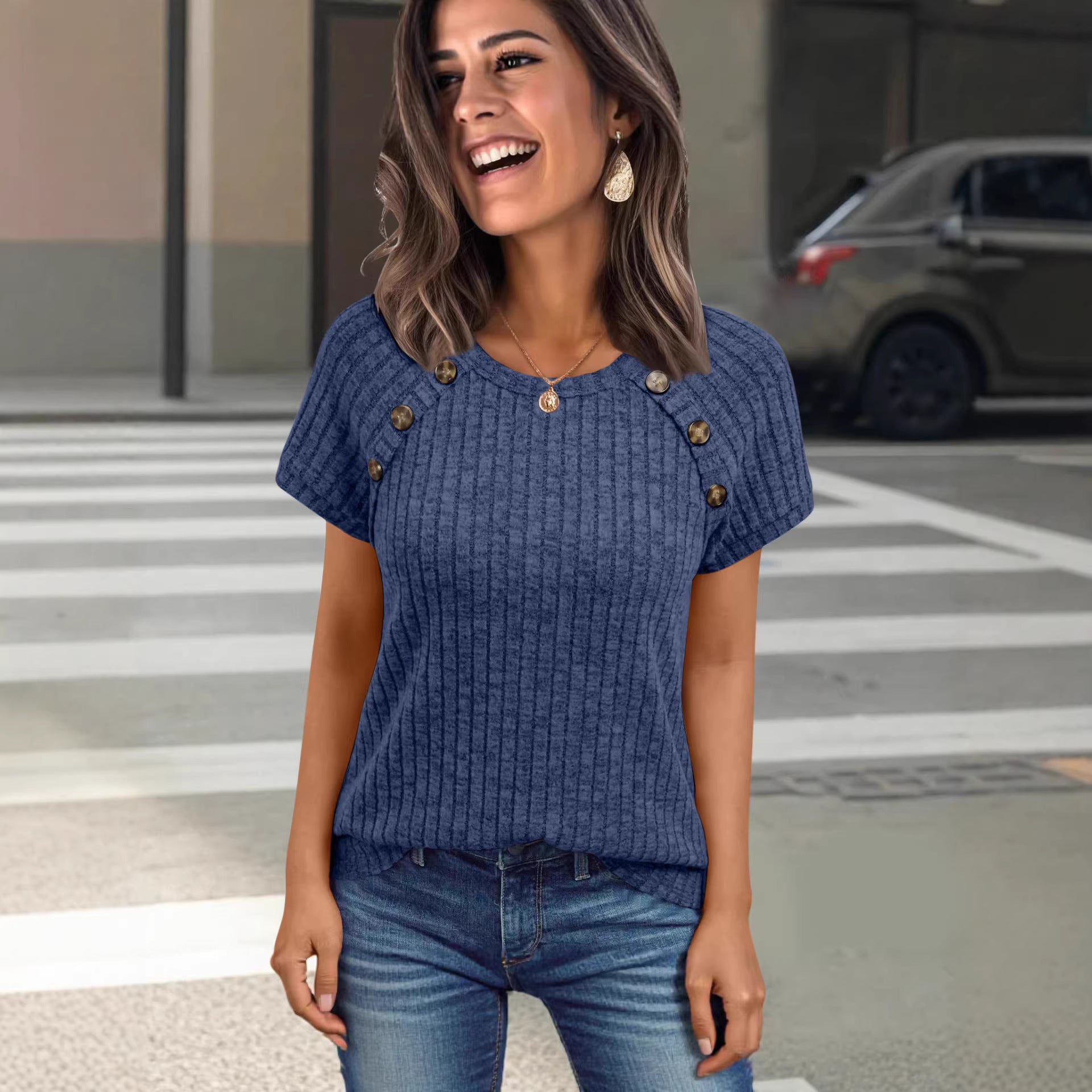Damen lässiges Rippenstrick-T-Shirt mit Knöpfen R&B