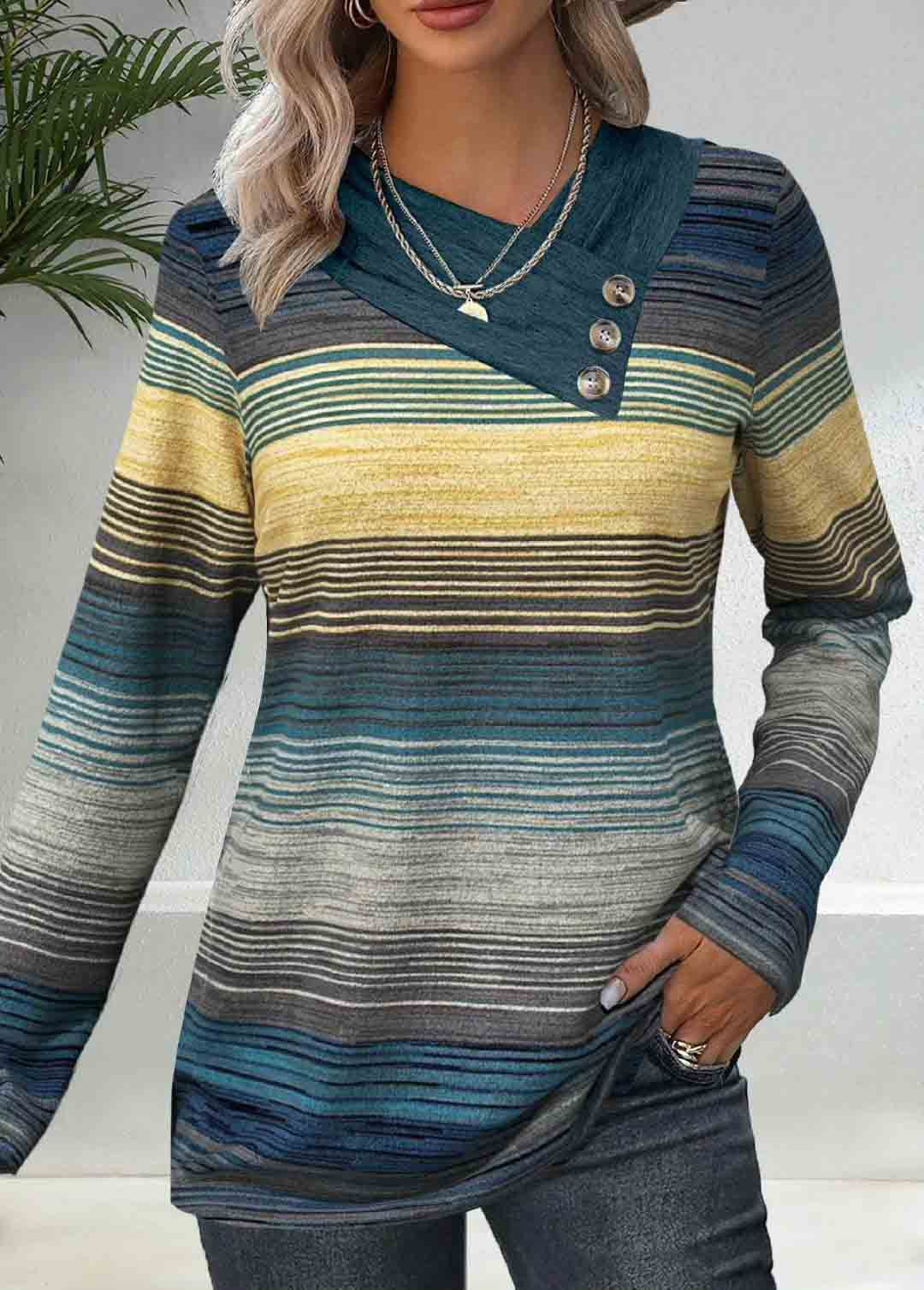 Damen elegantes Langarmshirt mit modernem Streifenmuster und Knopfdetails R&B