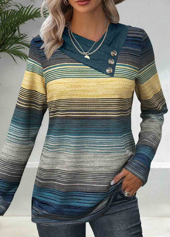 Damen elegantes Langarmshirt mit modernem Streifenmuster und Knopfdetails R&B