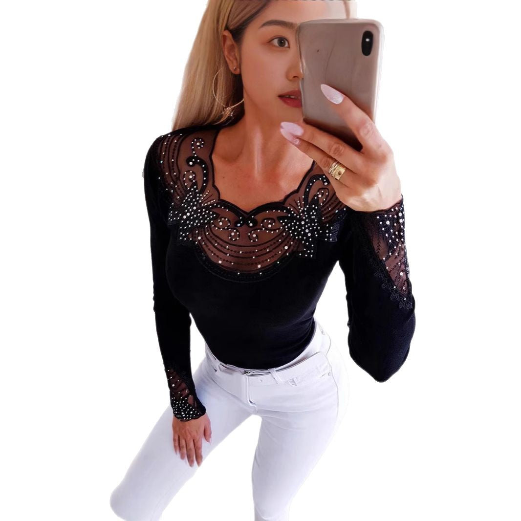 Damen Elegantes Oberteil mit transparentem Spitzenverlauf und funkelnden Applikationen R&B