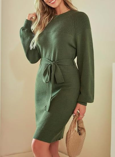 Damen Strickkleid mit Taillengürtel und langen Ärmeln R&B