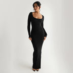 Damen Elegantes langes Kleid mit tiefem U-Ausschnitt und langen Ärmeln R&B