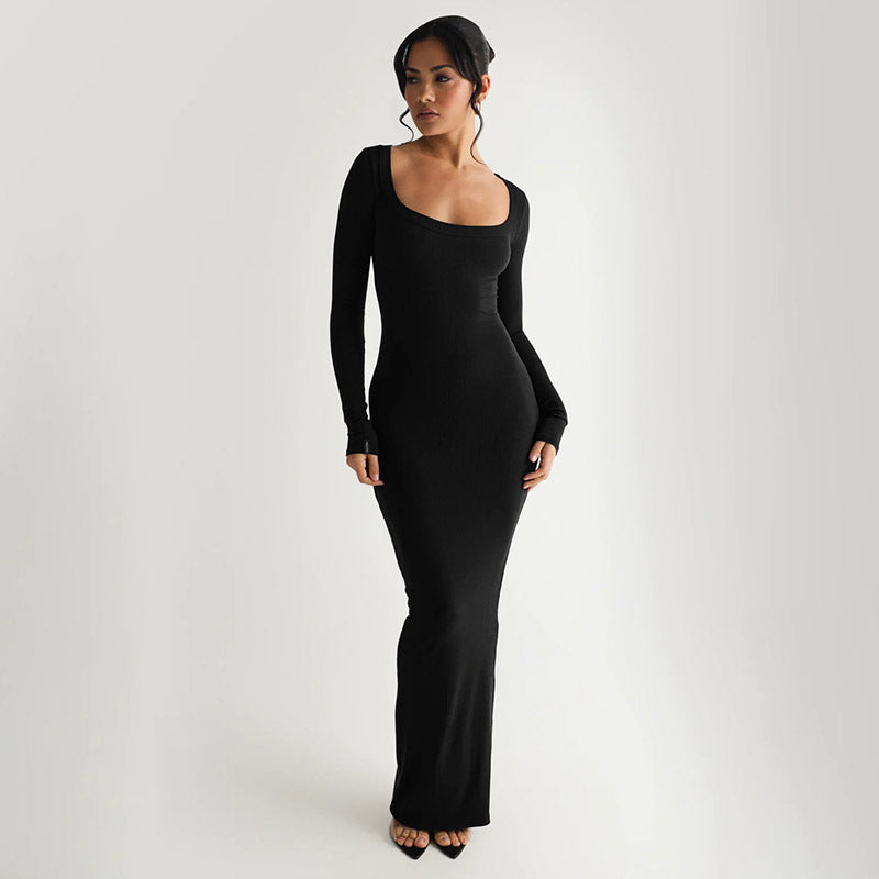 Damen Elegantes langes Kleid mit tiefem U-Ausschnitt und langen Ärmeln R&B