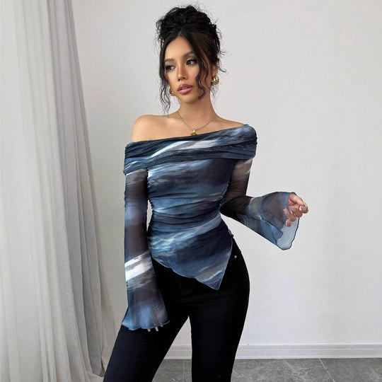 Damen nan schulterfreies Mesh-Wickeltop mit asymmetrischem Zipfelsaum und langen ausgestellten Ärmeln R&B