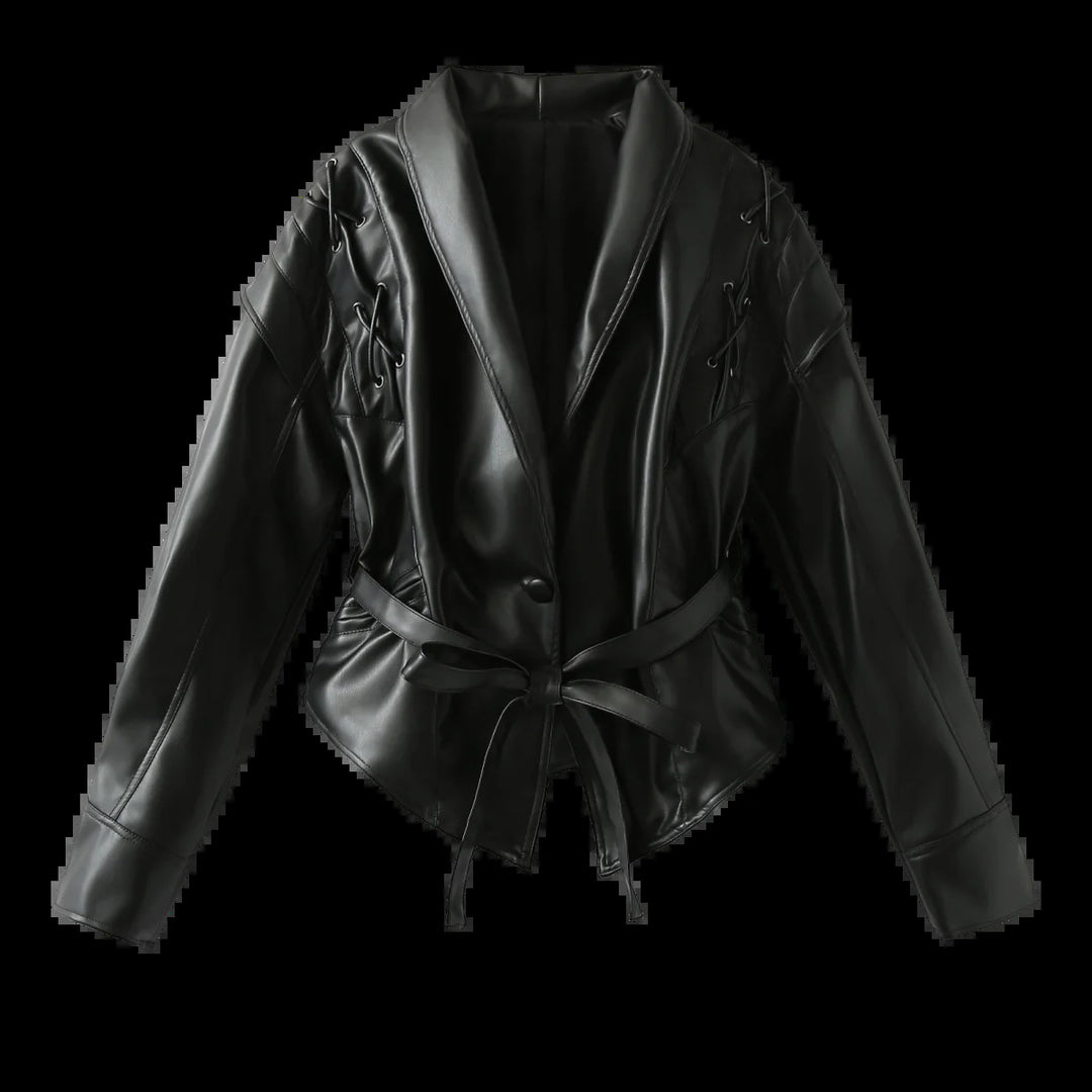 Damen Kunstlederblazer im modernem Design mit praktischem Gürtel R&B