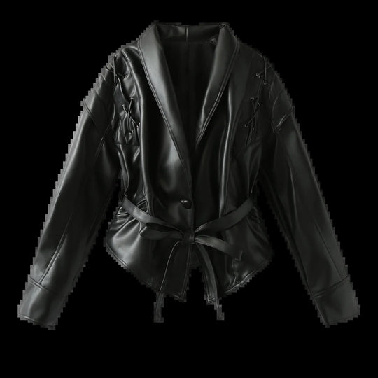 Damen Kunstlederblazer im modernem Design mit praktischem Gürtel R&B