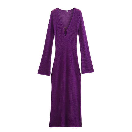 Damen Maxikleid mit tiefem V-Ausschnitt und eleganten langen Ärmeln R&B