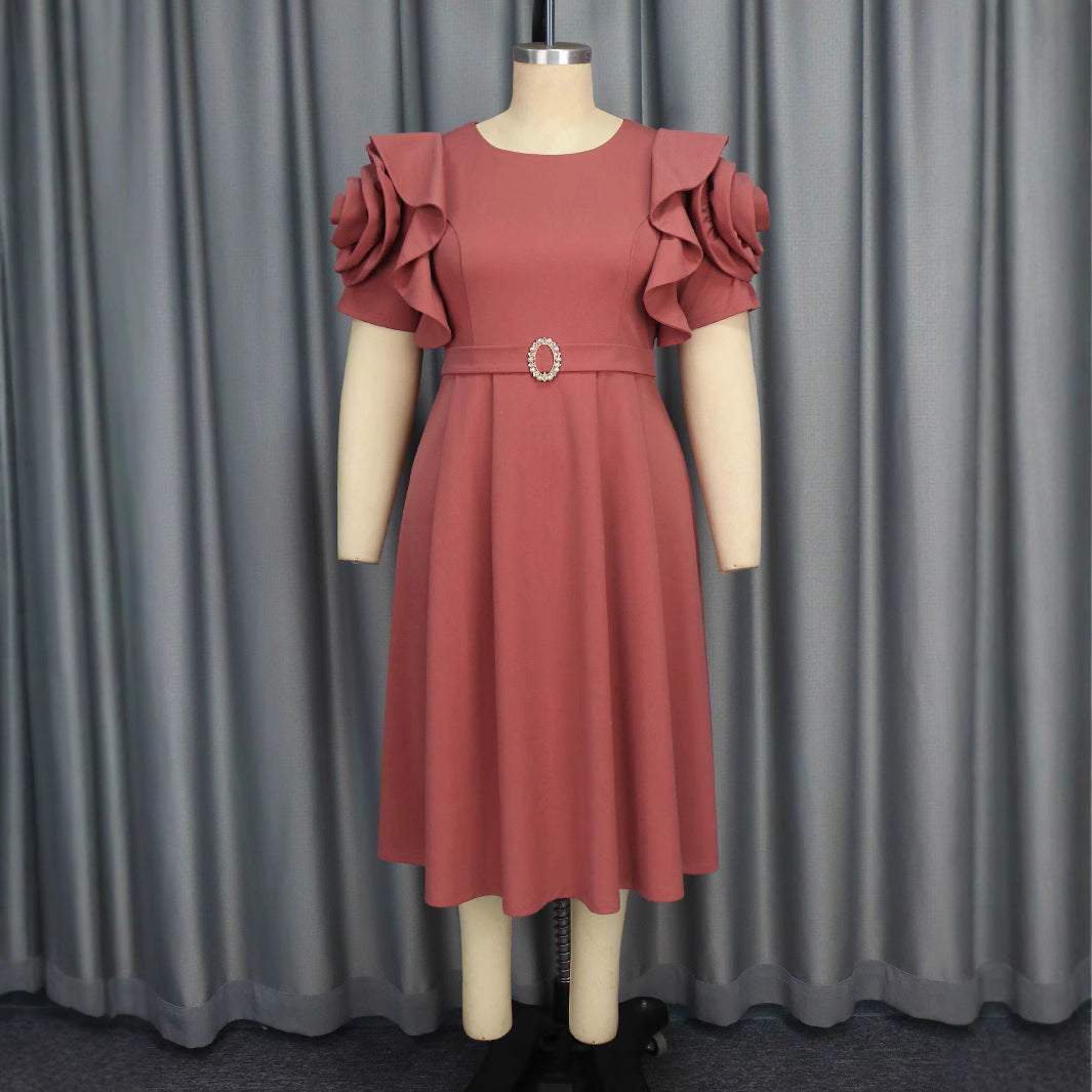 Damen Elegantes Midi-Kleid mit voluminösen Rüschenärmeln und funkelndem Schmuckdetail R&B