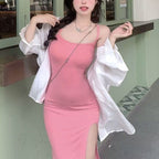 Damen figurbetontes Midi-Kleid mit Spaghetti-Trägern und hohem Schlitz