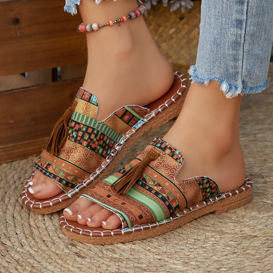Damen Casual Slip-On Sandalen mit buntem Webdesign und Quasten R&B