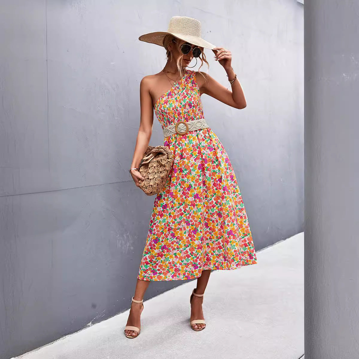 Damen Maxikleid mit asymmetrischem Trägerdesign und floralem Allover-Muster R&B