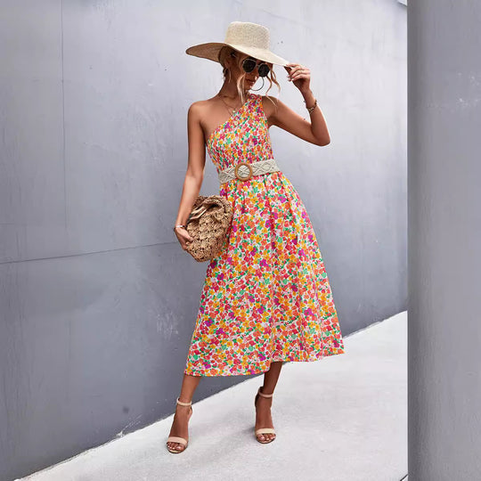 Damen Maxikleid mit asymmetrischem Trägerdesign und floralem Allover-Muster R&B