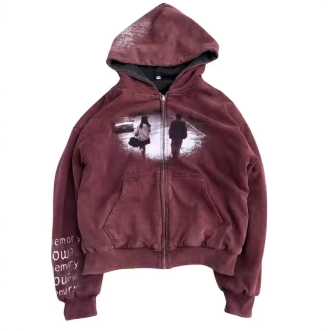 Unisex nan Kapuzenjacke mit durchgehendem Reißverschluss, Used‑Effekt, doppellagiger Kapuze und Ärmeldruck R&B