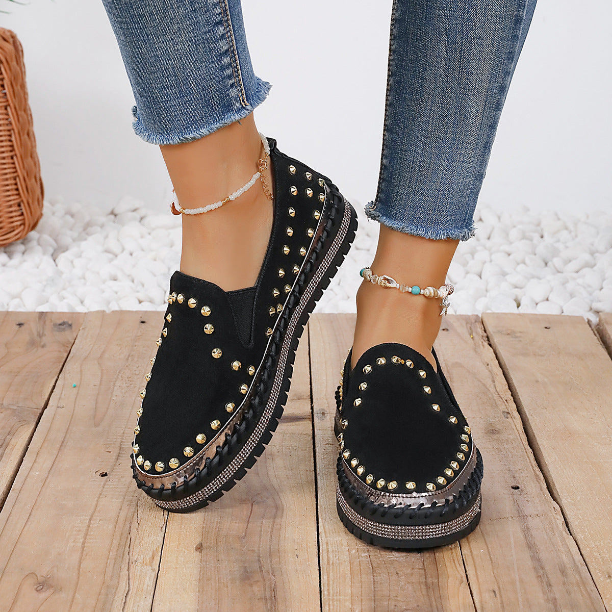 Damen Glamouröse Slip-On Sneakers mit funkelndem Glitzer und Nieten R&B