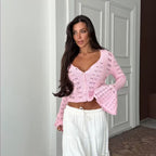 Damen Stylische Strickjacke mit V-Ausschnitt und Schlagärmeln R&B