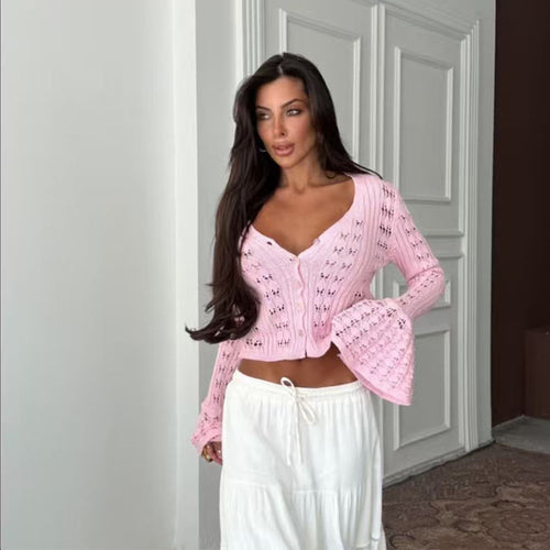 Damen Stylische Strickjacke mit V-Ausschnitt und Schlagärmeln R&B