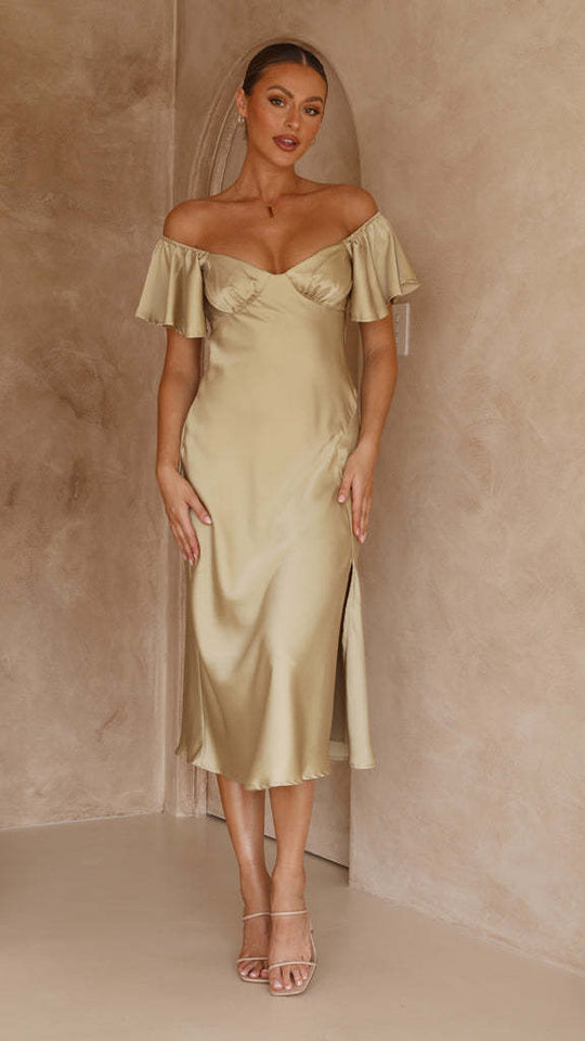 Damen elegantes Off-Shoulder Maxikleid mit seitlichem Schlitz und luftigen Rüschendetails R&B