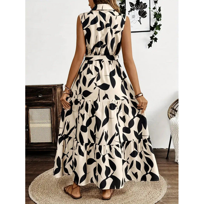 Damen Maxi-Kleid mit maskulinem Blätterdruck und tailliertem Gürtel R&B