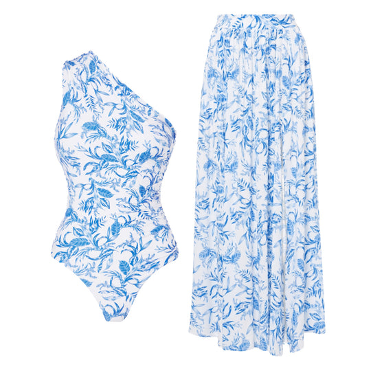 Damen Badeanzug mit asymmetrischem Schnitt und passendem Maxi-Rock R&B