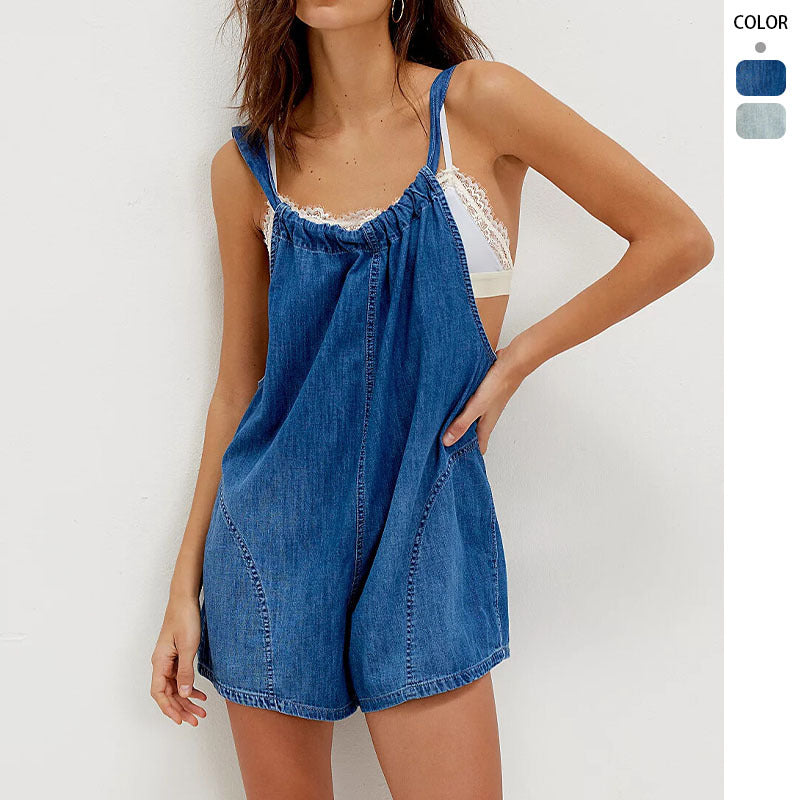 Damen Denim-Jumpsuit mit verspieltem Schnitt und verstellbaren Trägern R&B