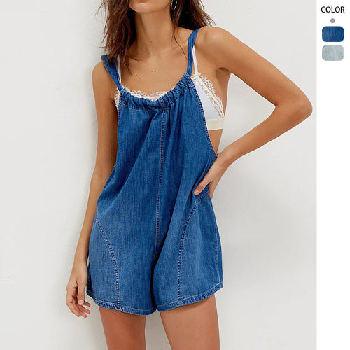 Damen Denim-Jumpsuit mit verspieltem Schnitt und verstellbaren Trägern R&B