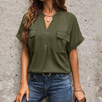 Damen lässige Bluse mit praktischen Taschen und modernem V-Ausschnitt R&B