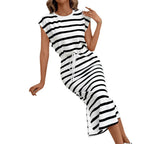 Damen Midi-Kleid mit asymmetrischem Saum und stylischem Streifenmuster R&B