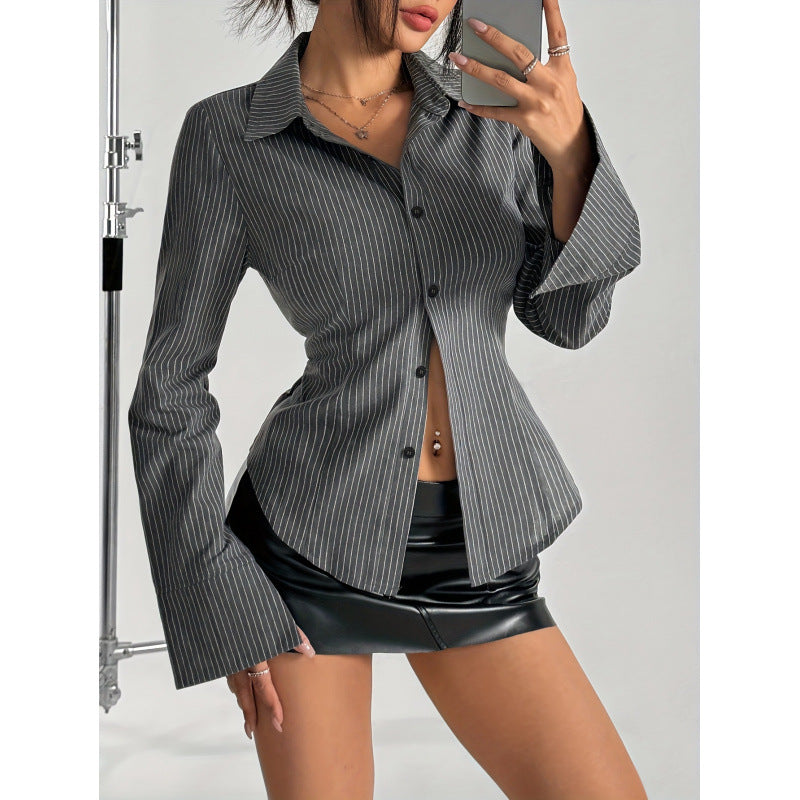 Damen Elegante Hemdbluse mit gestreiftem Design und weit ausgestellten Ärmeln R&B